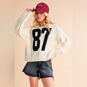 Aemi+Co Contrast Number Cable Knit Drop Shoulder Sweater 10010096629